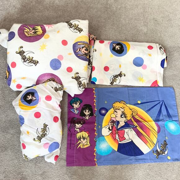 Sailor Moon Vintage 90s Anime Twin Bed Sheet Fitted Pillow Cases Set White Rare - Picture 1 of 9